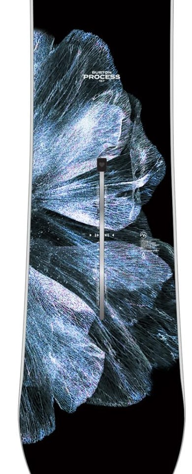 Burton Process snowboard top sheet with the blue flower graphic