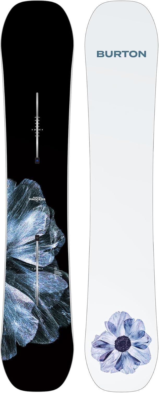 Burton Process snowboard top sheet with the blue flower graphic